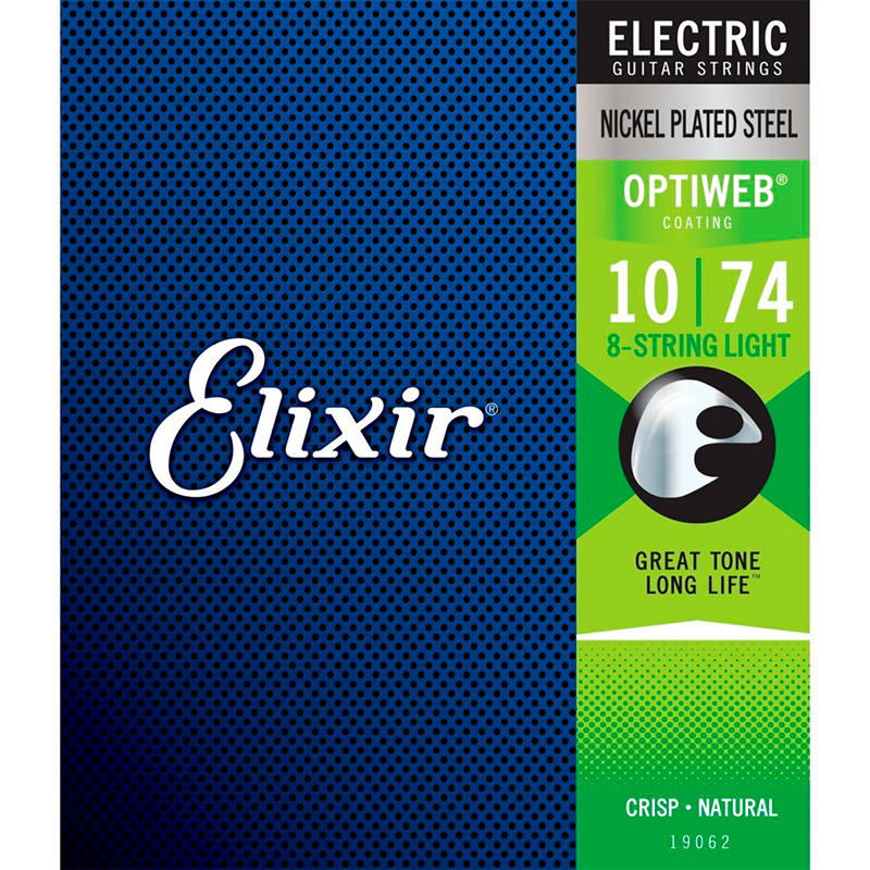 Elixir 19062 Optiweb Набор струн для 8-струнной электрогитары, никелированная сталь, Light 10-74