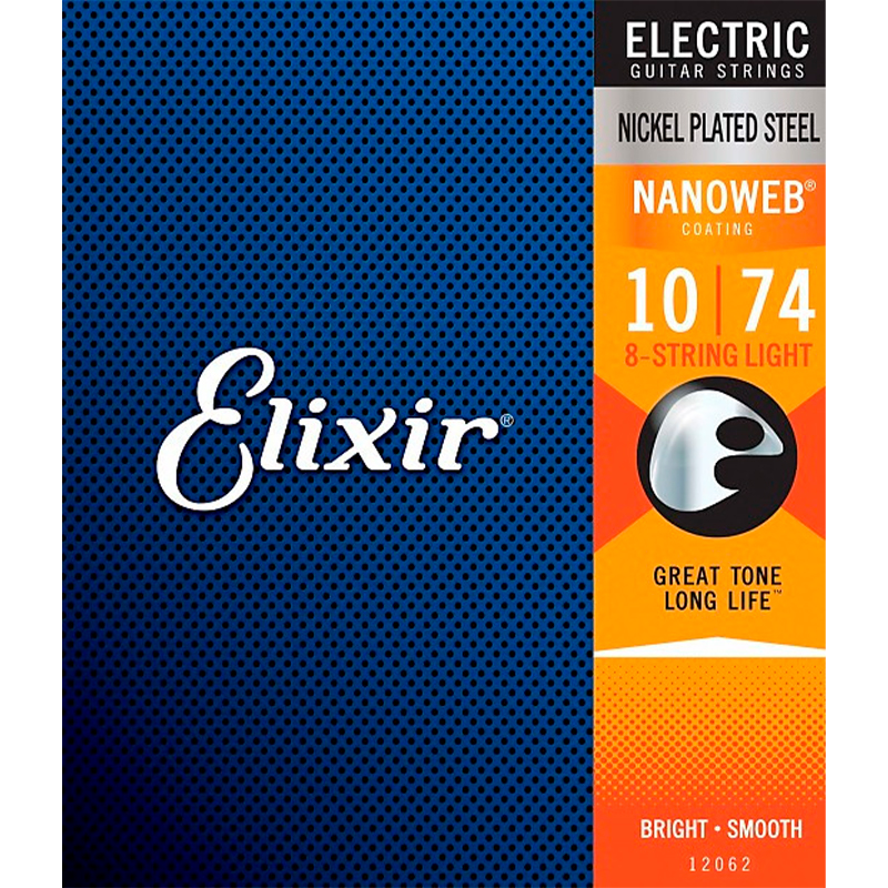 Elixir 12062 NanoWeb Набор струн для 8-струнной электрогитары, никелированная сталь, Light 10-74